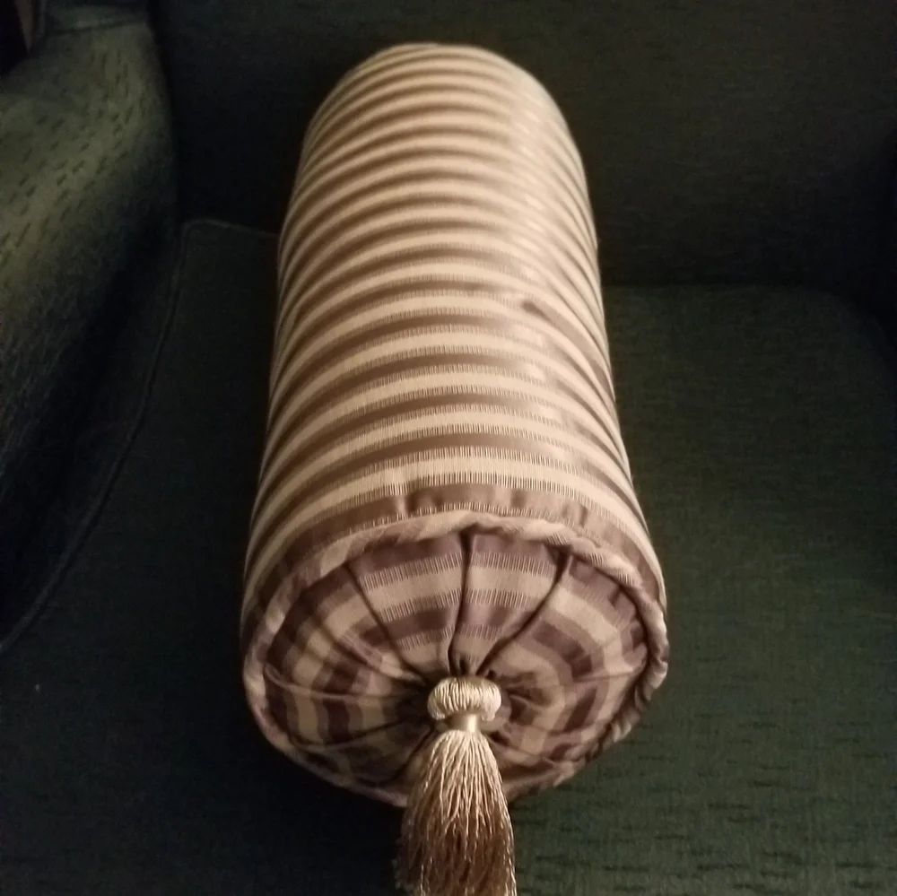 Damask Silk Brown/Cream Stripe Bolster Pillow w/Tassels
